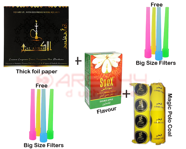 AREA44 Exclusive Hookah Essential Combo - Foil paper | Flavour | Magic Coal | Free Big Filters (Qty-8)